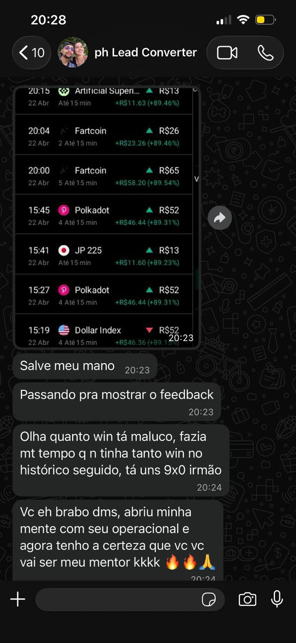 Feedback no WhatsApp sobre sequência de wins e evolução no operacional