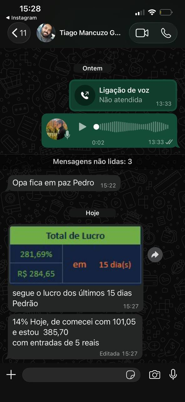 Print compartilhando lucro dos últimos quinze dias